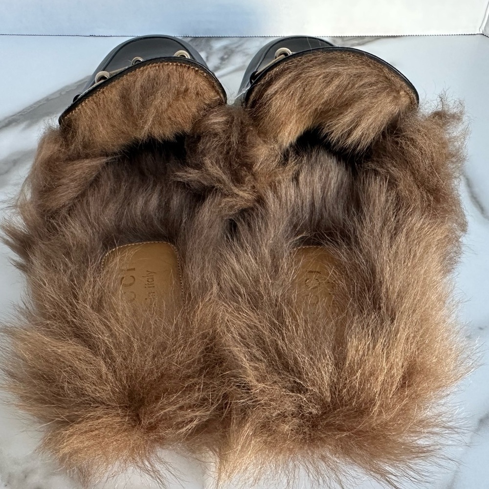 Gucci Princetown Black Leather Fur Loafer Slide Slip On Mule Slipper Flat 9 - Picture 5 of 14